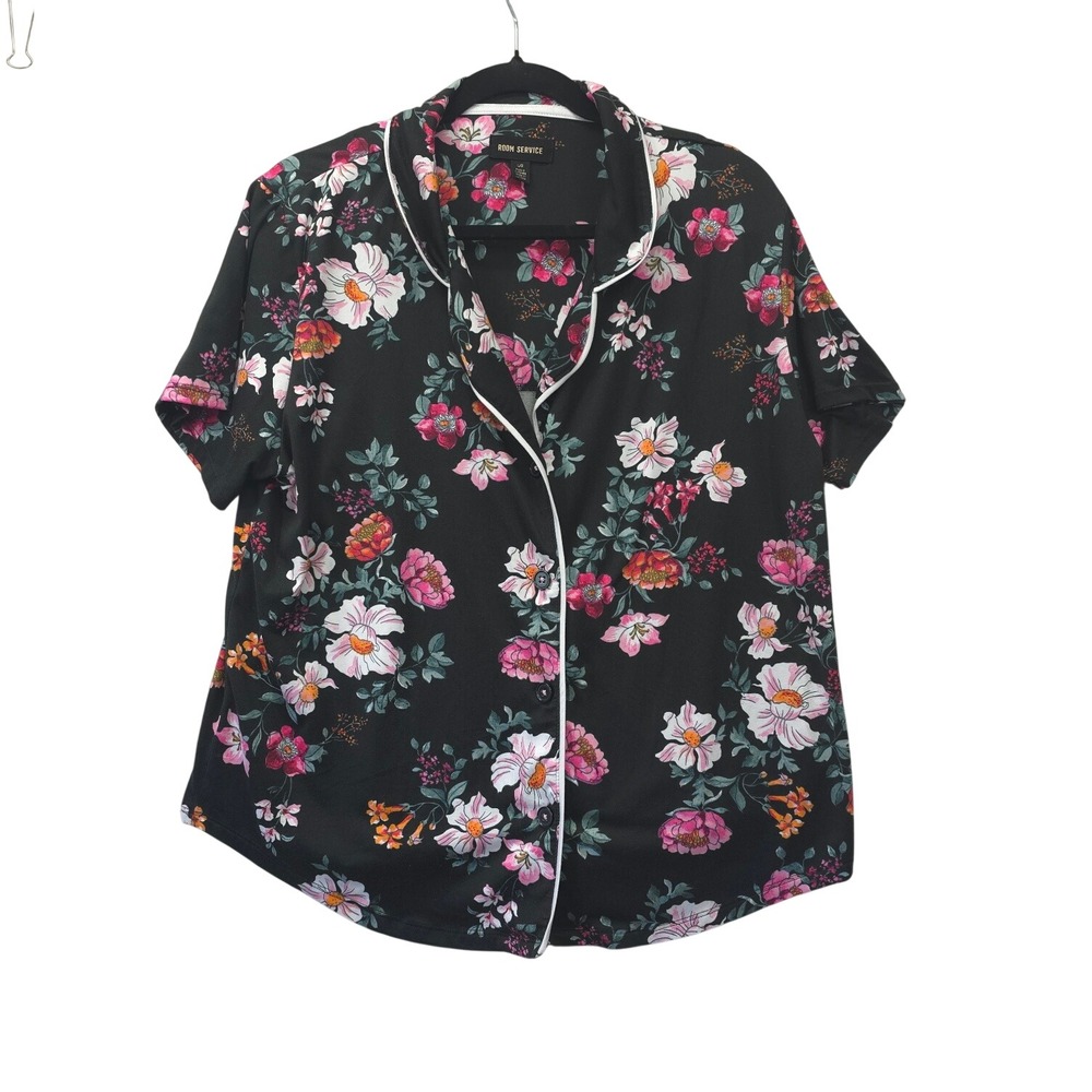 Room Service Womens Pajama Set Large Black Floral Button Top Cropped Pants L